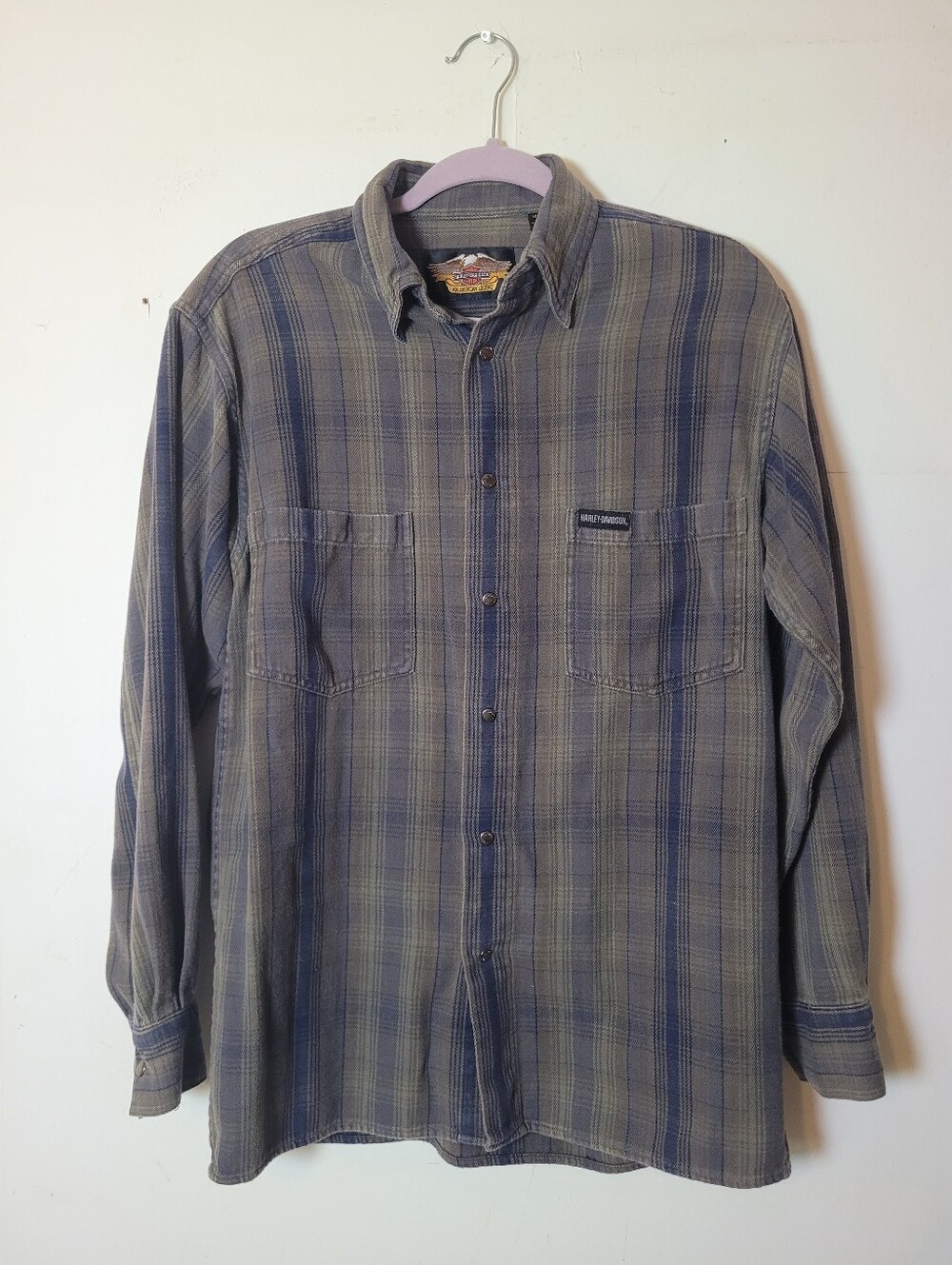 Vintage Harley Davidson Blue And Green Plaid Flannel Size Small